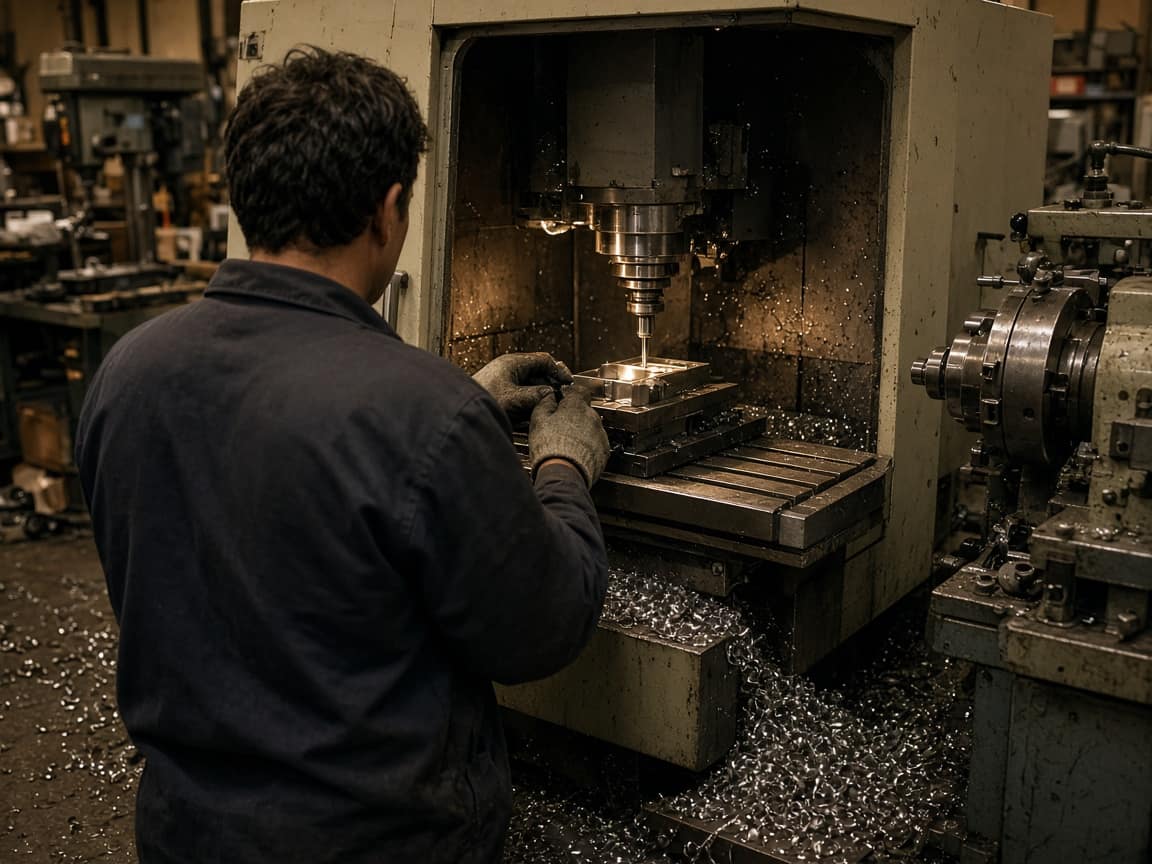 A machinist setting a part in a CNC mill