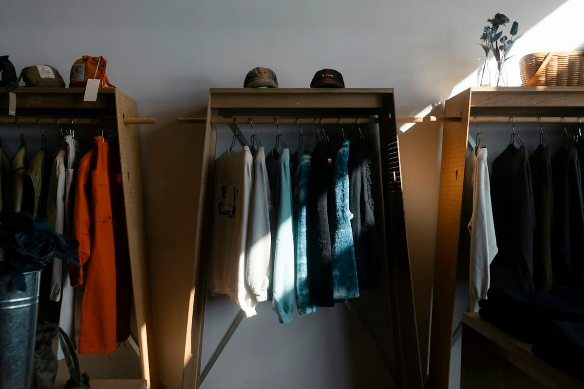 Wooden clothing racks with hanging sweaters, jackets, and caps in a dim boutique lit by a single beam of sunlight