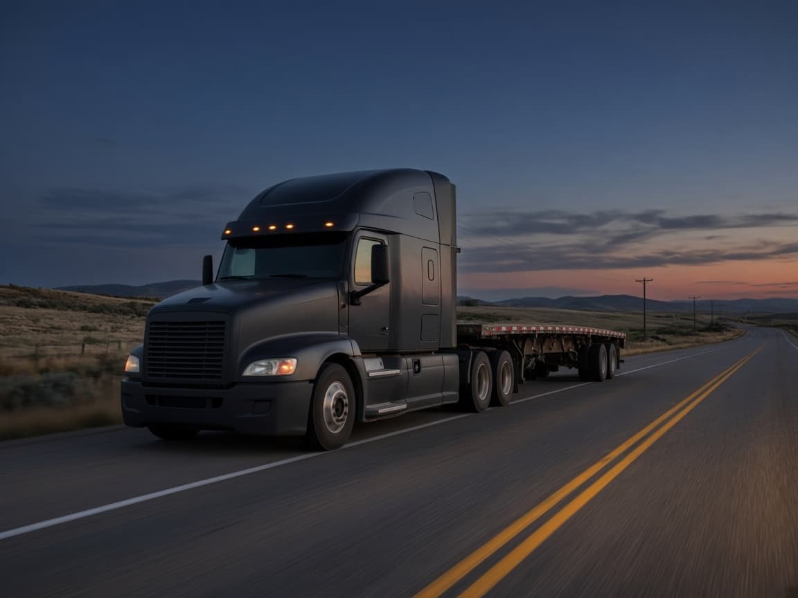 Commercial truck on an open highway at dusk