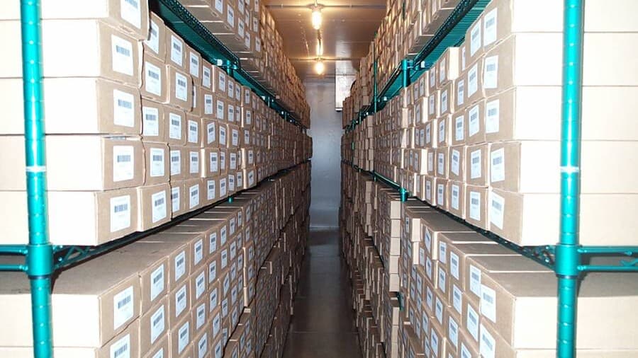 Long aisle inside a walk-in freezer with teal wire shelving on both sides stacked with brown cardboard boxes bearing white barcode labels, under a row of globe ceiling lights